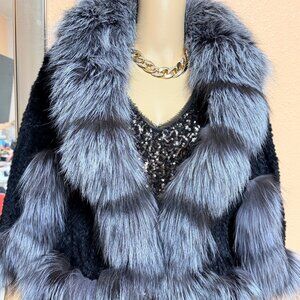 Real Mink Fur Shawl Poncho with Fox Trimming Fur Coat